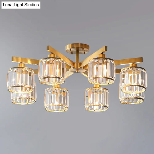 Modern Gold Semi Flush Mount Ceiling Light With Metallic Radial Design And Crystal Cylinder Shade