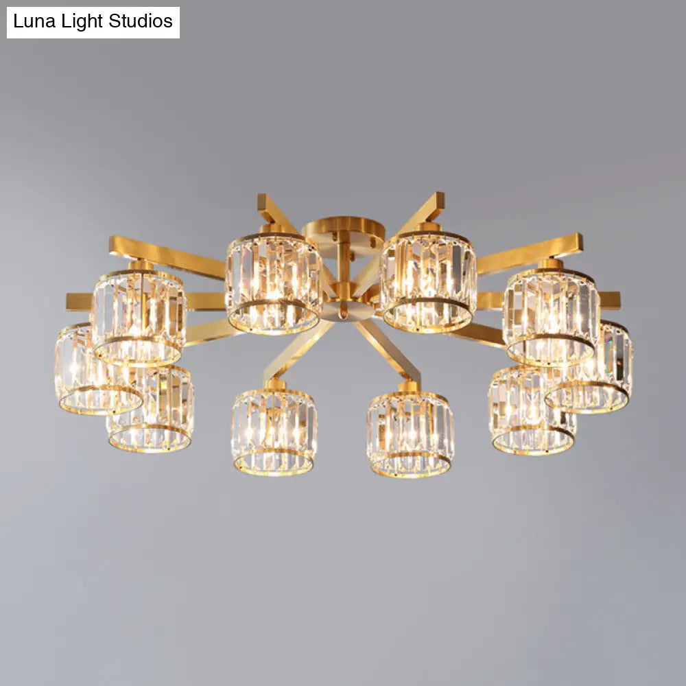 Modern Gold Semi Flush Mount Ceiling Light With Metallic Radial Design And Crystal Cylinder Shade 10