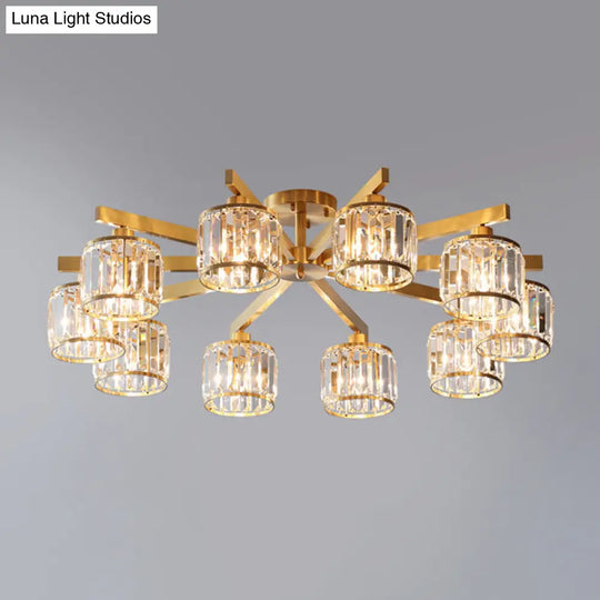 Modern Gold Semi Flush Mount Ceiling Light With Metallic Radial Design And Crystal Cylinder Shade 10