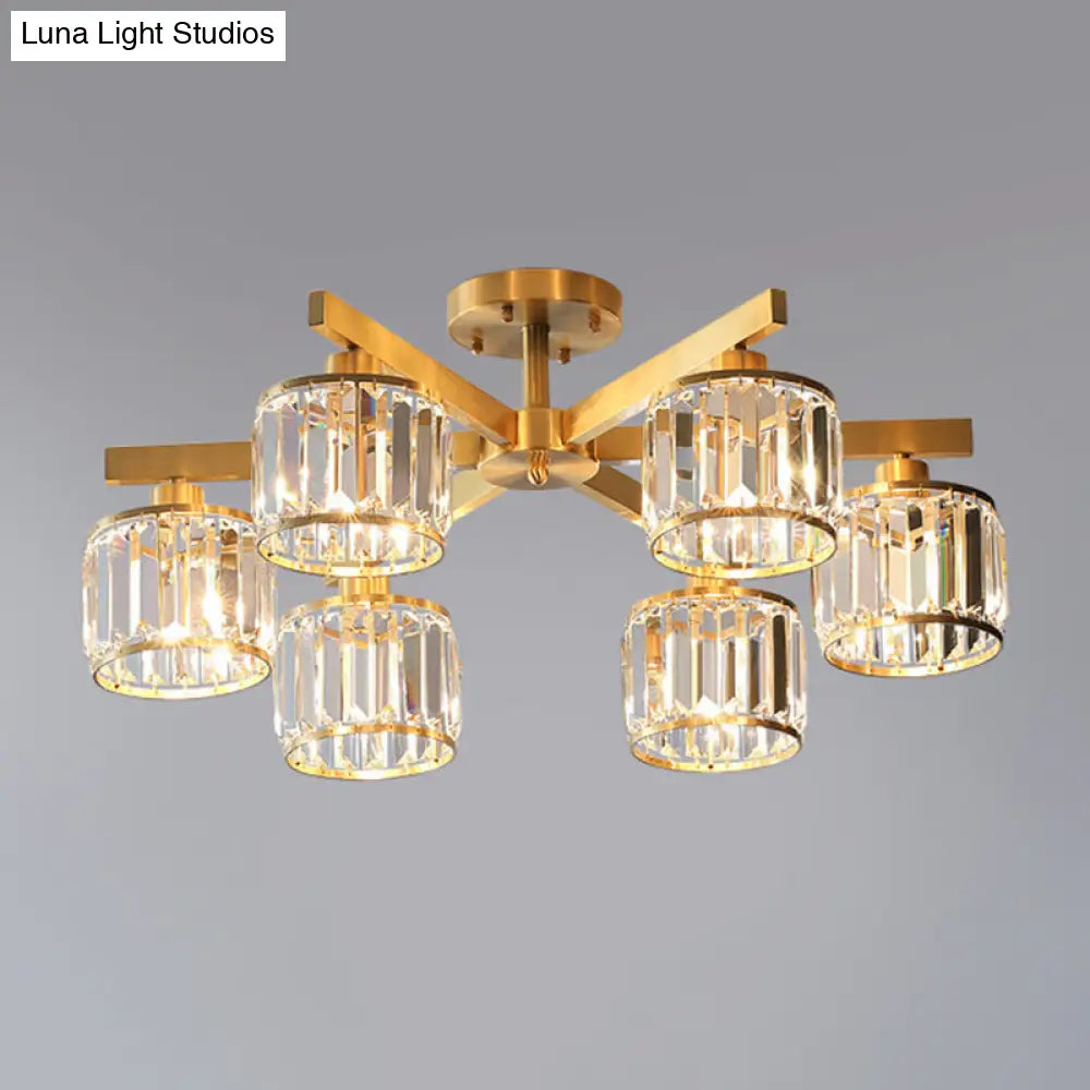 Modern Gold Semi Flush Mount Ceiling Light With Metallic Radial Design And Crystal Cylinder Shade 6