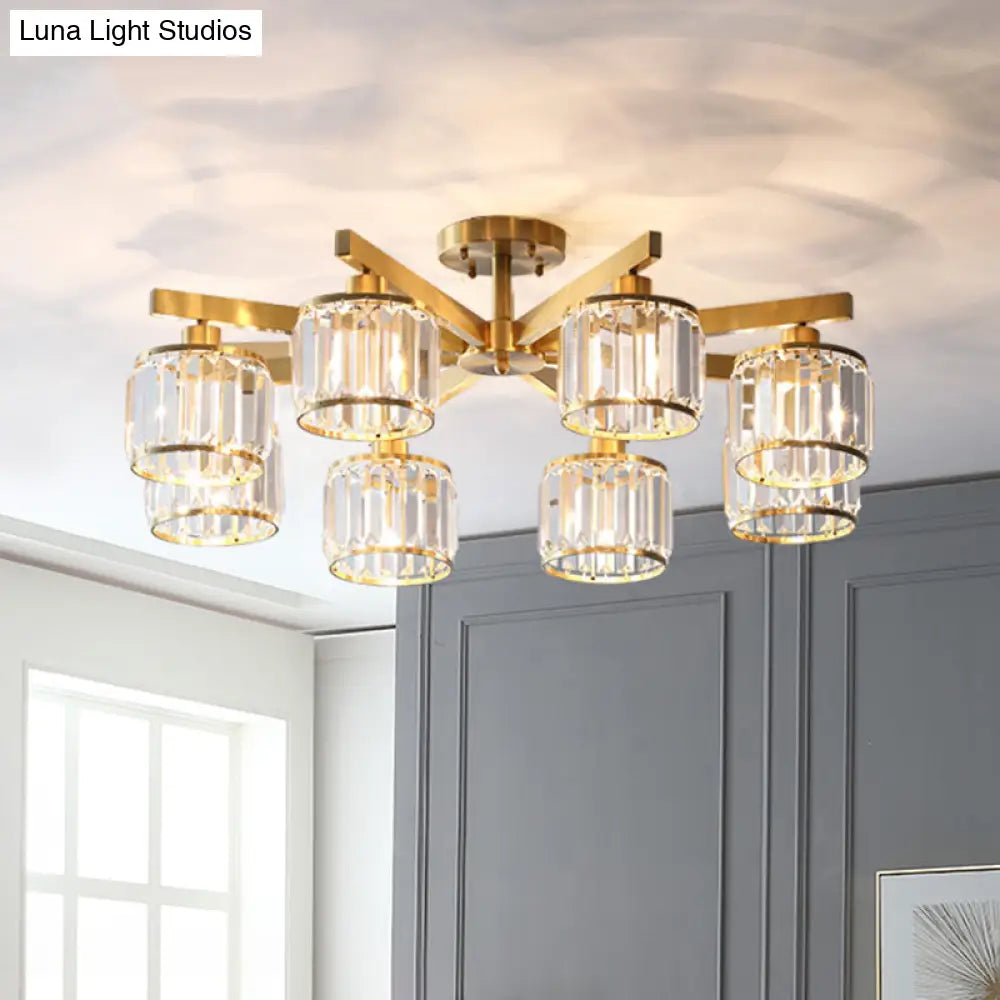 Modern Gold Semi Flush Mount Ceiling Light With Metallic Radial Design And Crystal Cylinder Shade