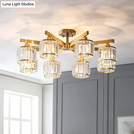 Modern Gold Semi Flush Mount Ceiling Light With Metallic Radial Design And Crystal Cylinder Shade