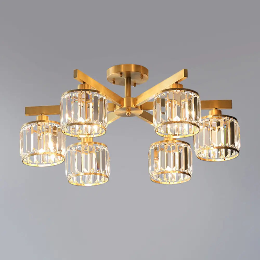 Modern Gold Semi Flush Mount Ceiling Light With Metallic Radial Design And Crystal Cylinder Shade 6