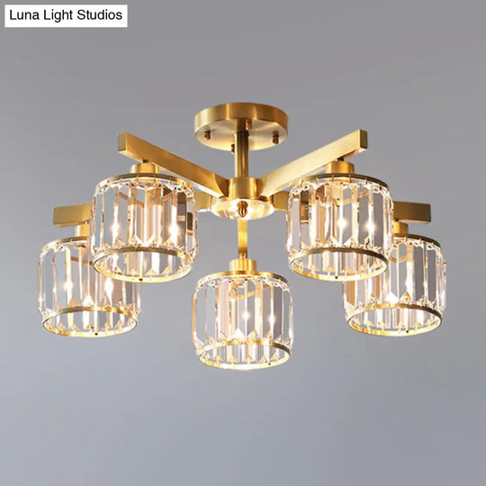 Modern Gold Semi Flush Mount Ceiling Light With Metallic Radial Design And Crystal Cylinder Shade 5