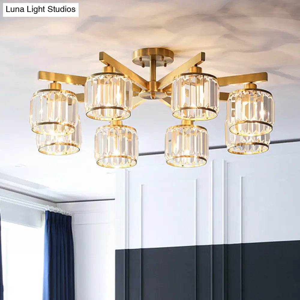 Modern Gold Semi Flush Mount Ceiling Light With Metallic Radial Design And Crystal Cylinder Shade 8