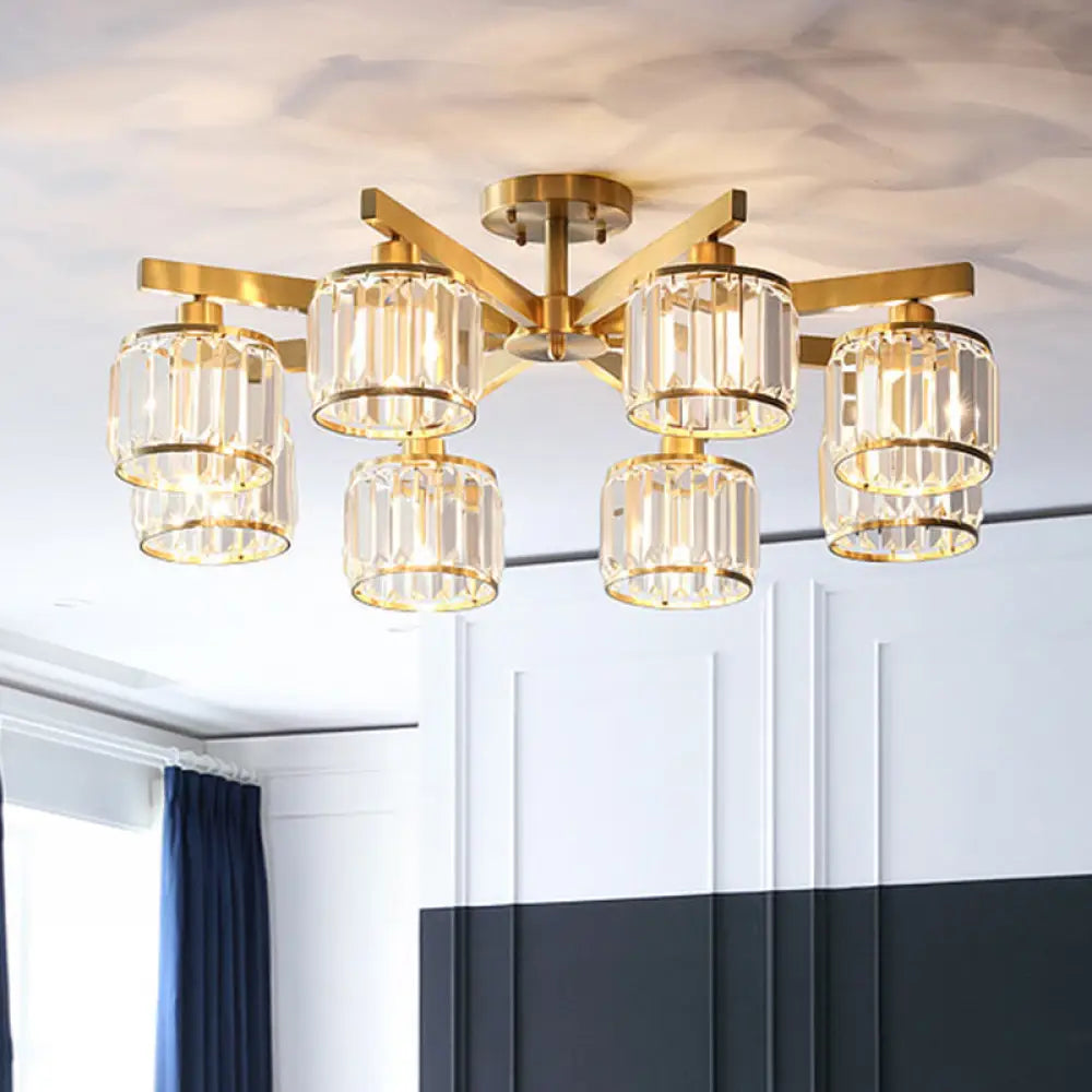 Modern Gold Semi Flush Mount Ceiling Light With Metallic Radial Design And Crystal Cylinder Shade 8