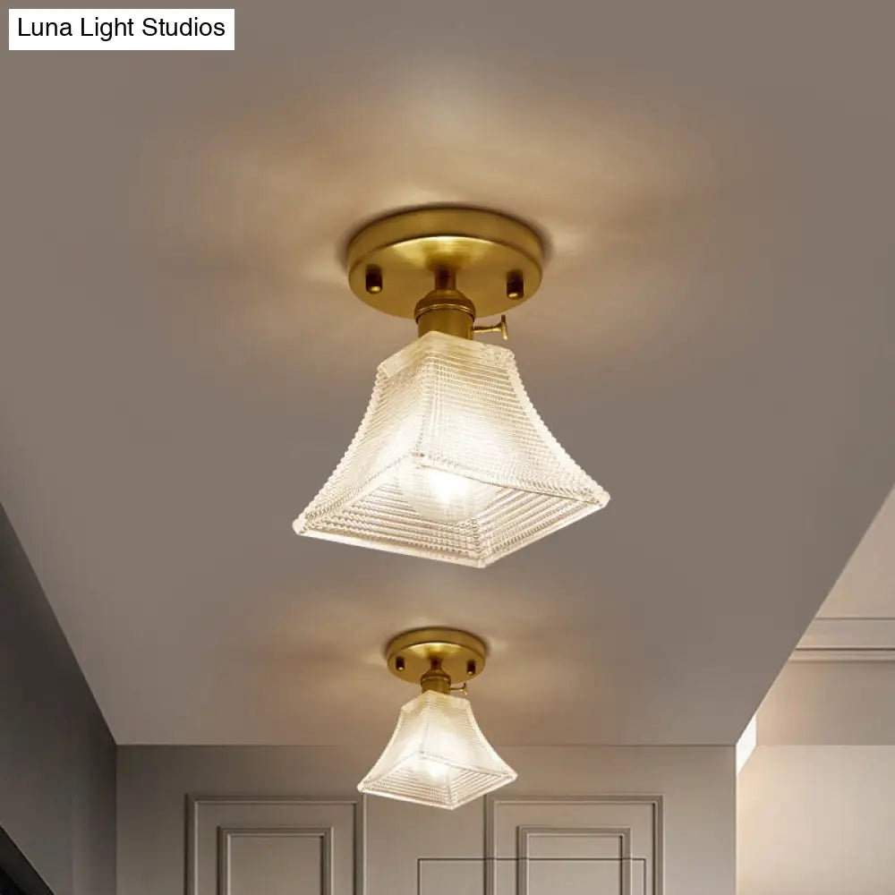 Minimalist Gold Tapered Semi Flush Mount Prismatic Glass Ceiling Light For Corridors - 1 Head / D