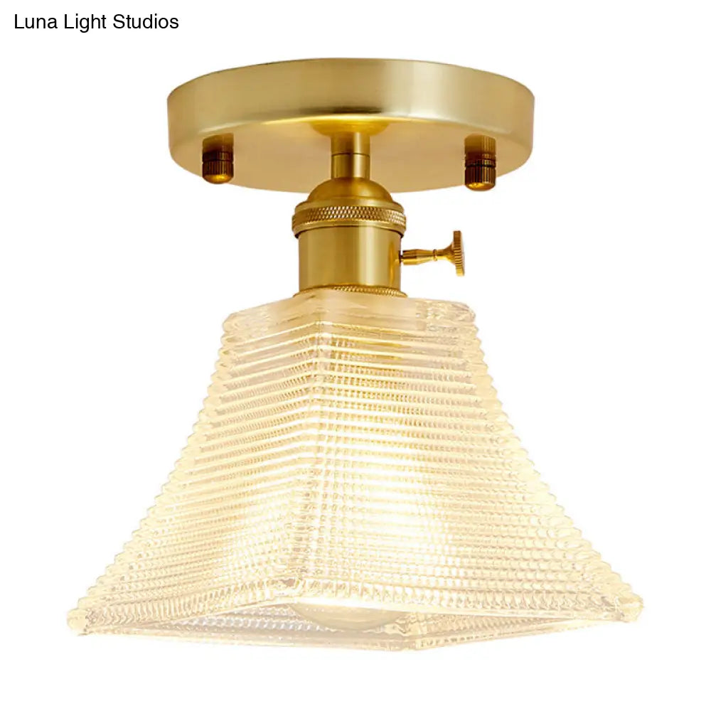 Minimalist Gold Tapered Semi Flush Mount Prismatic Glass Ceiling Light For Corridors - 1 Head