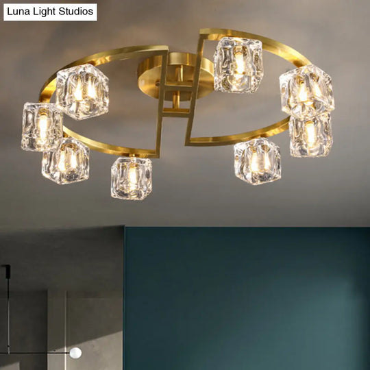 Modern Gold Semi Flush Mount With Clear Glass Shade -Semicircle Frame (6/8 Heads)