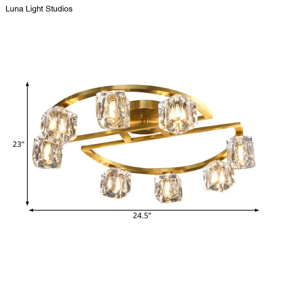 Modern Gold Semi Flush Mount With Clear Glass Shade -Semicircle Frame (6/8 Heads)