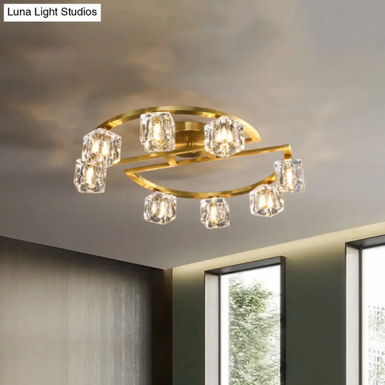 Modern Gold Semi Flush Mount With Clear Glass Shade -Semicircle Frame (6/8 Heads)