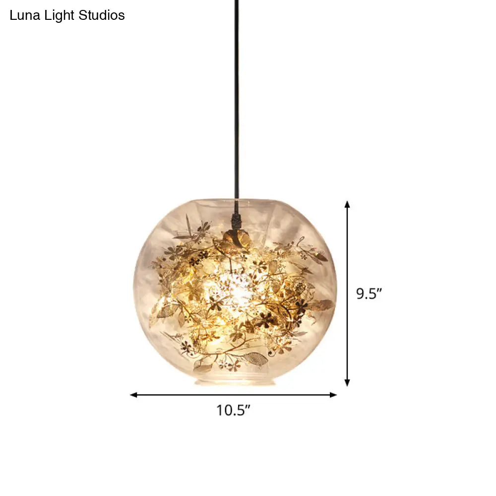 Modern Clear Glass Sphere Pendant: Gold Suspension Lamp With Shattered Leaves Detail