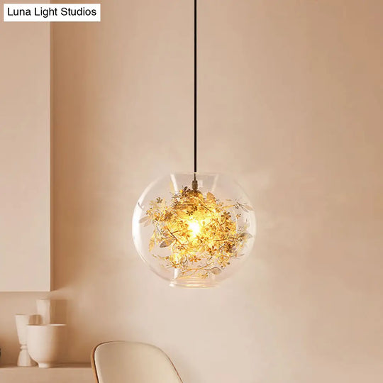 Modern Clear Glass Sphere Pendant: Gold Suspension Lamp With Shattered Leaves Detail