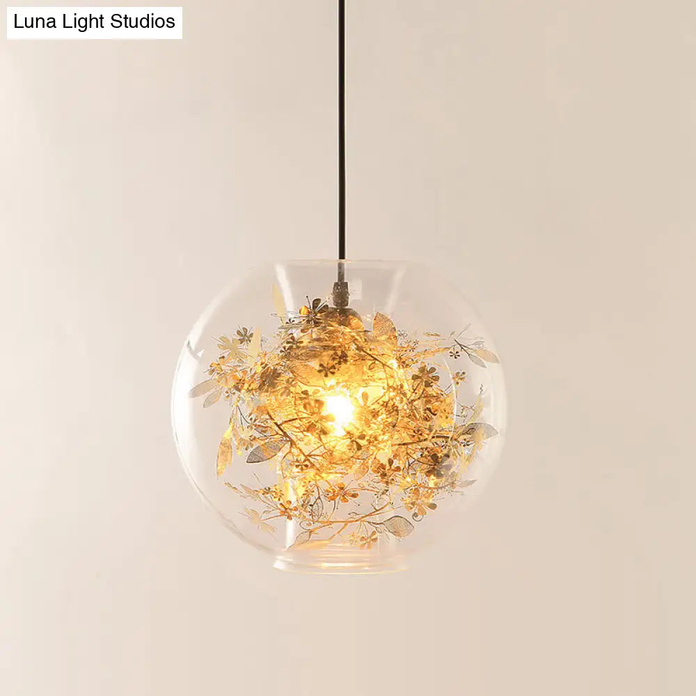 Modern Clear Glass Sphere Pendant: Gold Suspension Lamp With Shattered Leaves Detail