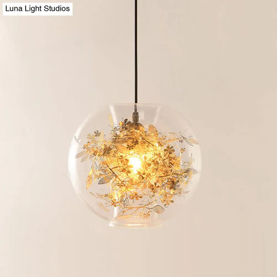 Modern Clear Glass Sphere Pendant: Gold Suspension Lamp With Shattered Leaves Detail