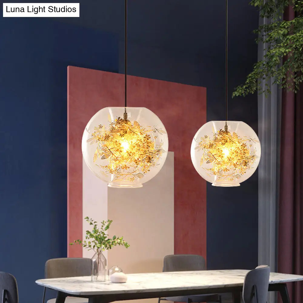 Modern Clear Glass Sphere Pendant: Gold Suspension Lamp With Shattered Leaves Detail