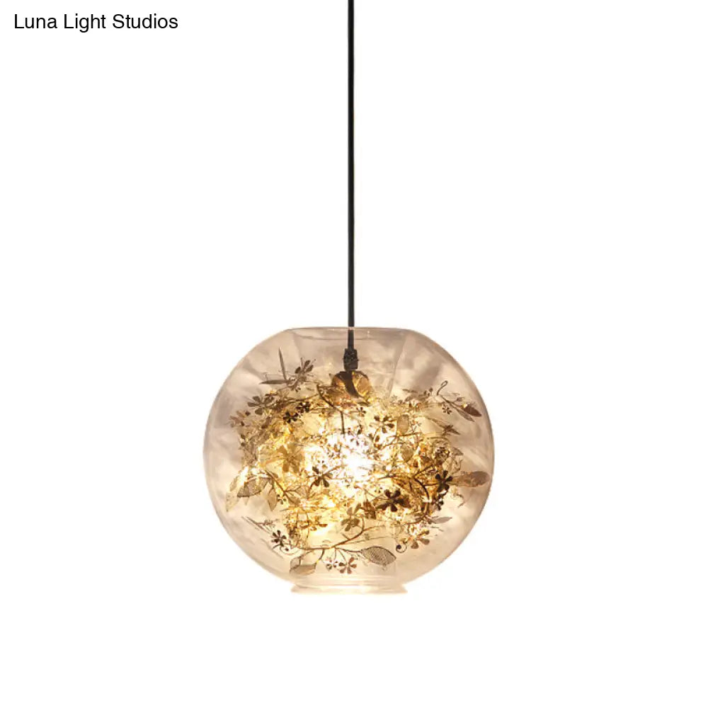 Modern Gold Sphere Pendant Light With Clear Glass And Shattered Leaves Detail