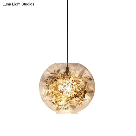 Modern Gold Sphere Pendant Light With Clear Glass And Shattered Leaves Detail