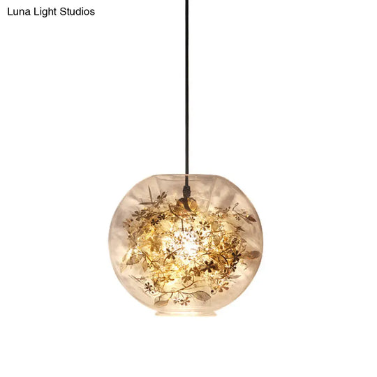 Modern Clear Glass Sphere Pendant: Gold Suspension Lamp With Shattered Leaves Detail