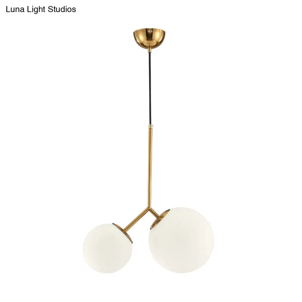 Modern Gold Spherical Chandelier Light: 2-Bulb Milky Glass Pendant For Dining Room