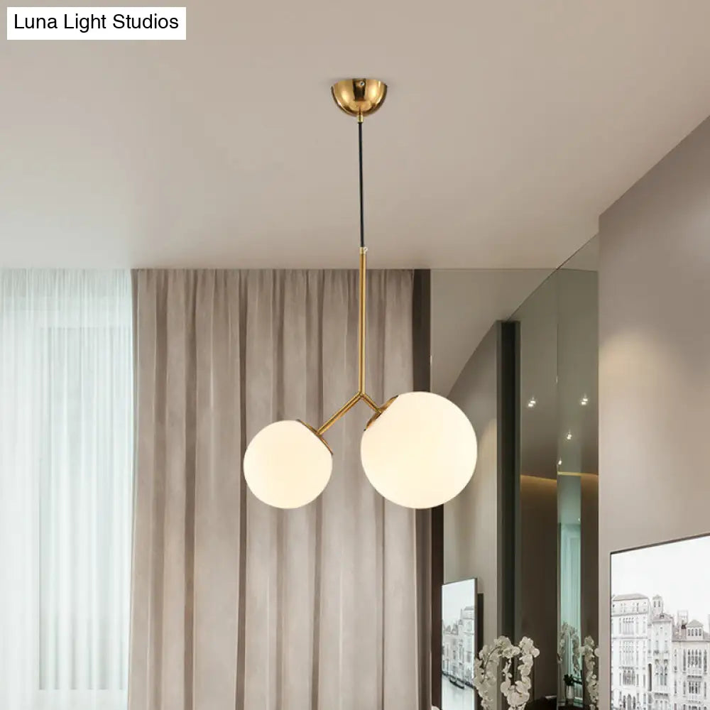 Modern Gold Spherical Chandelier Light: 2-Bulb Milky Glass Pendant For Dining Room