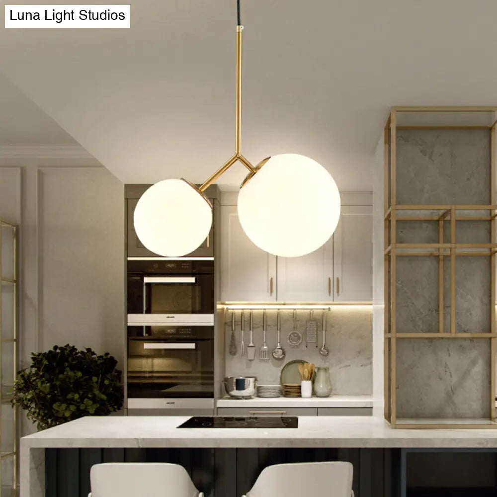 Modern Gold Spherical Chandelier Light: 2-Bulb Milky Glass Pendant For Dining Room