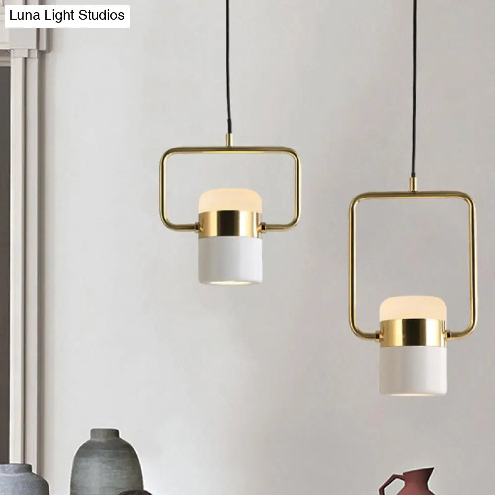 Modern Gold Square Frame Pendant Ceiling Light With White Glass Shade