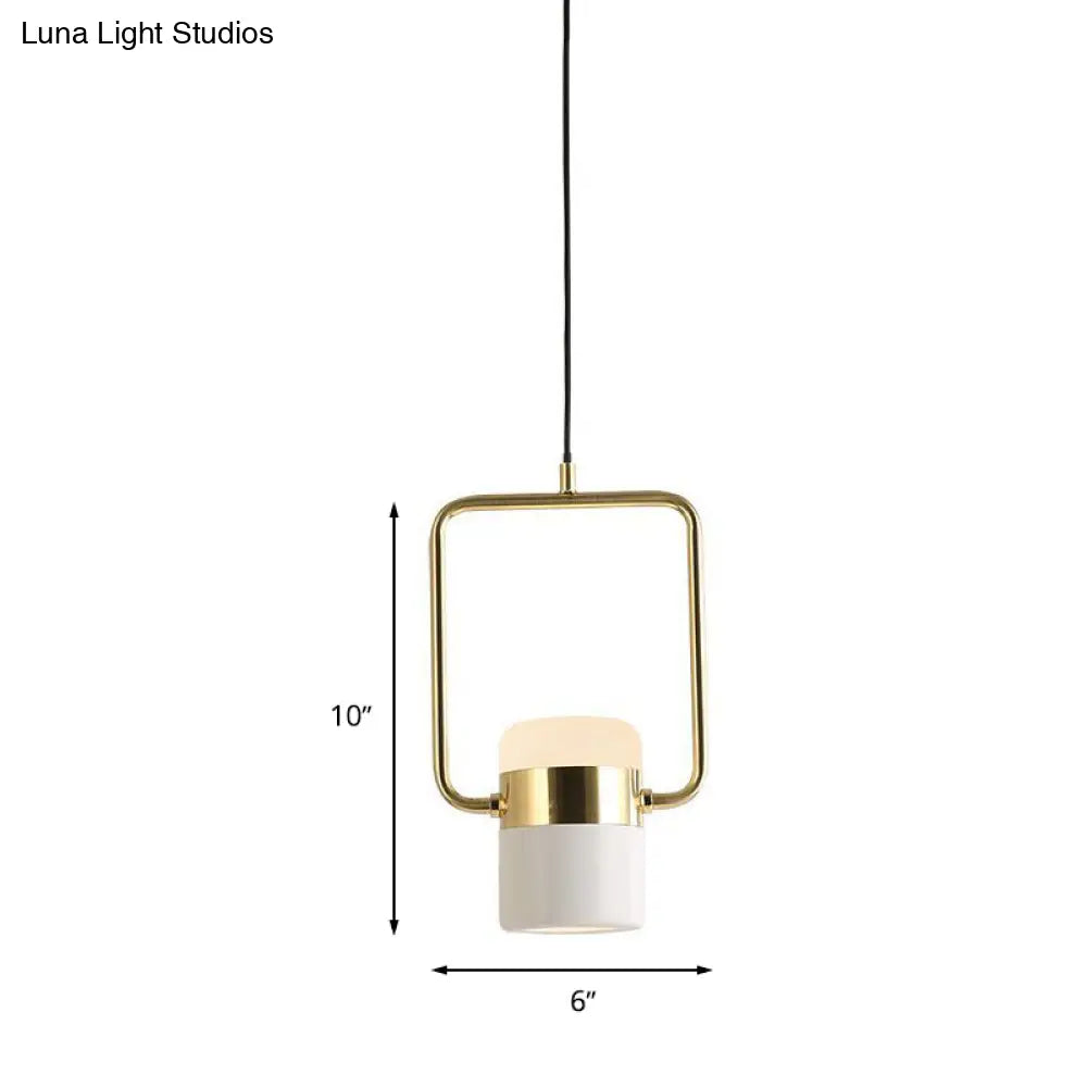 Modern Gold Square Frame Pendant Ceiling Light With White Glass Shade