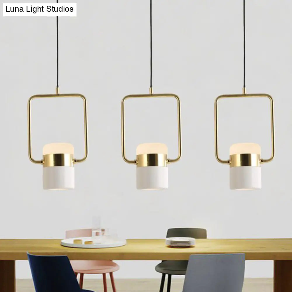 Modern Gold Square Frame Pendant Ceiling Light With White Glass Shade