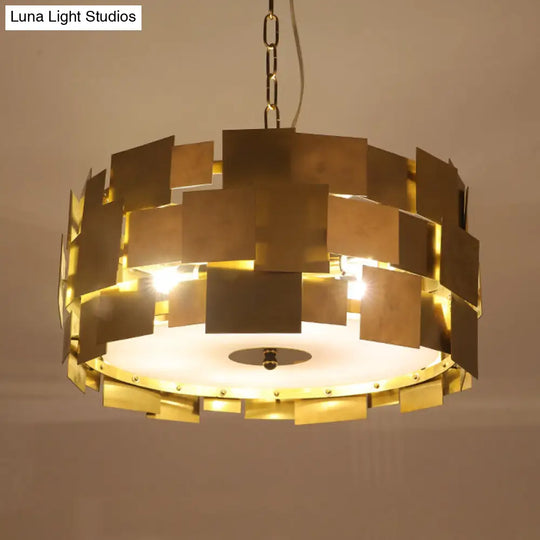 Modern Gold Square Panel Hanging Light With 6 Bulbs Metallic Drum Ceiling Chandelier Kit