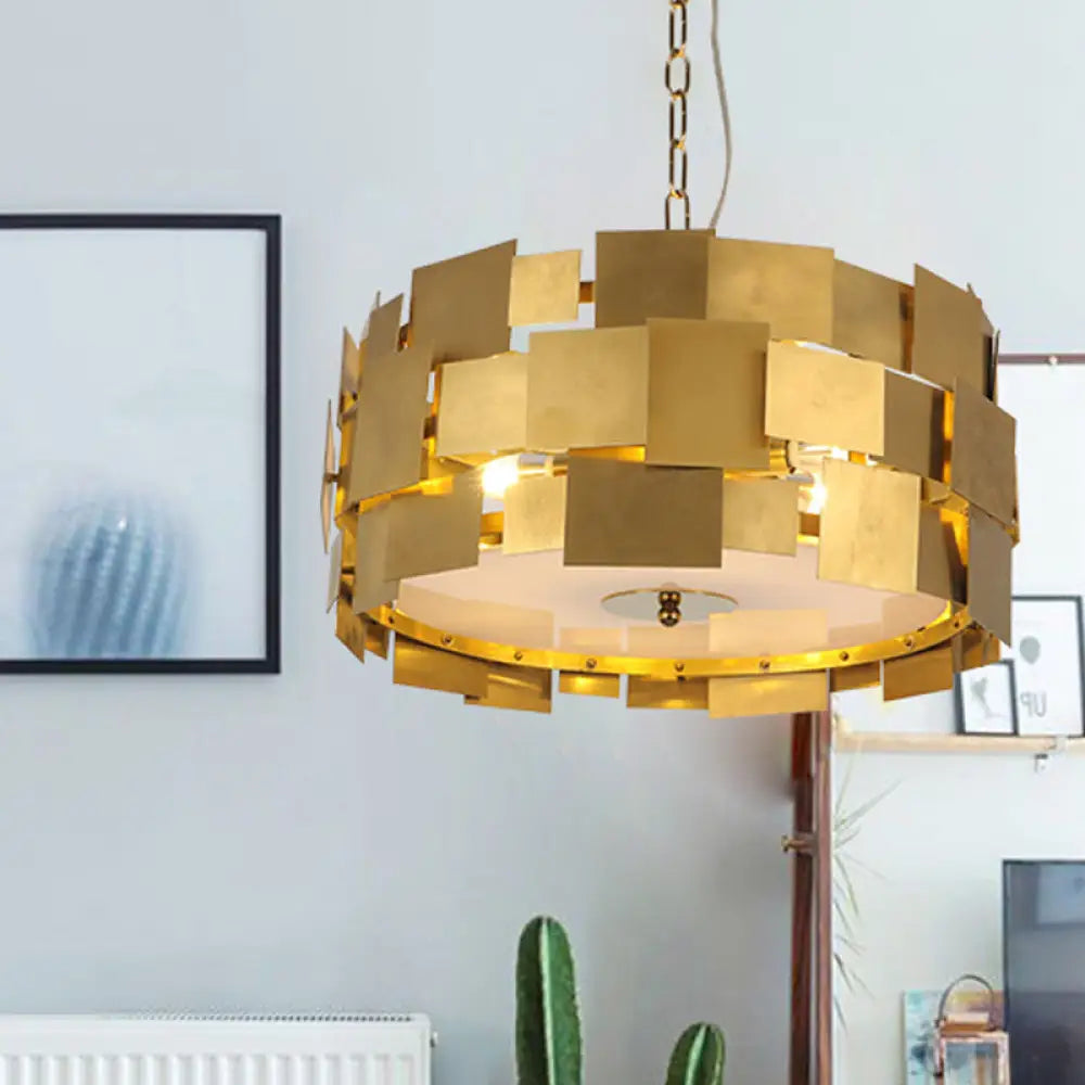 Modern Gold Square Panel Hanging Light Kit - 6 Bulb Metallic Drum Ceiling Chandelier