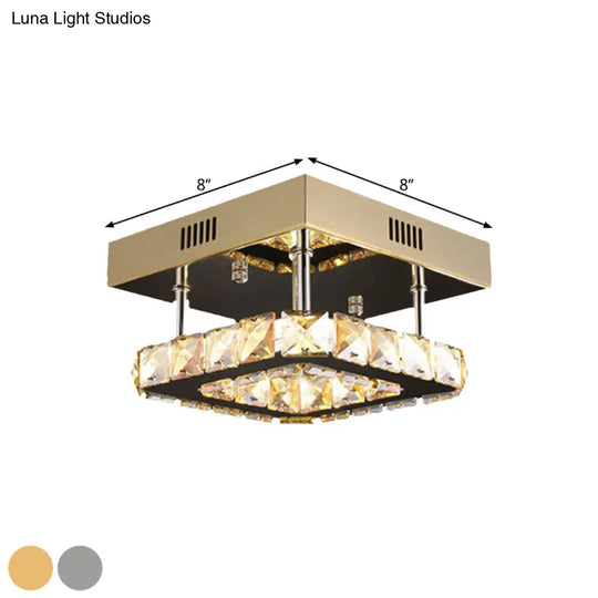 Modern Gold/Stainless-Steel Led Square Ceiling Lamp With Clear Faceted Crystal Blocks And White/Warm