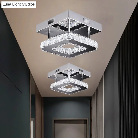 Modern Gold/Stainless-Steel Led Square Ceiling Lamp With Clear Faceted Crystal Blocks And White/Warm