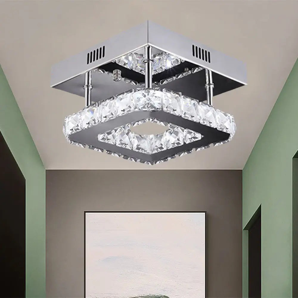 Modern Gold/Stainless - Steel Led Square Ceiling Lamp With Clear Faceted Crystal Blocks And