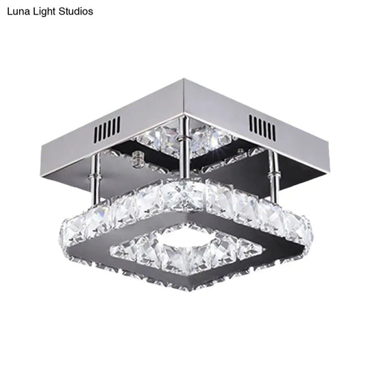 Modern Gold/Stainless-Steel Led Square Ceiling Lamp With Clear Faceted Crystal Blocks And White/Warm