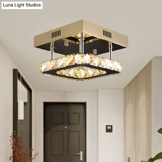 Modern Gold/Stainless-Steel Led Square Ceiling Lamp With Clear Faceted Crystal Blocks And White/Warm