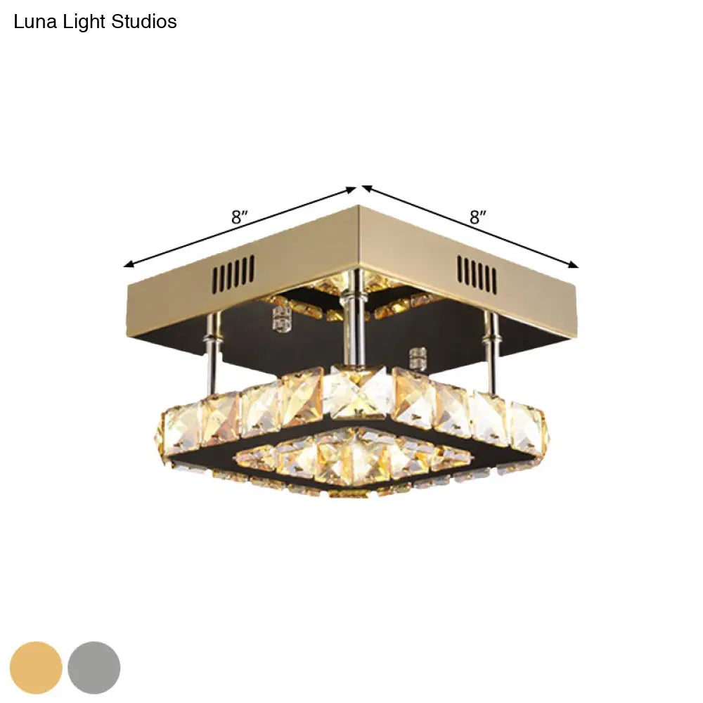 Modern Gold/Stainless - Steel Led Square Ceiling Lamp With Clear Faceted Crystal Blocks And