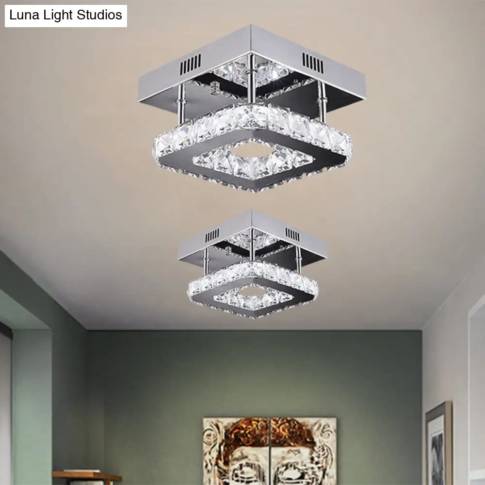 Modern Gold/Stainless-Steel Led Square Ceiling Lamp With Clear Faceted Crystal Blocks And White/Warm