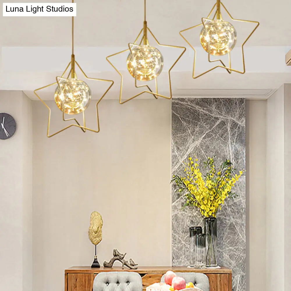 Gold Star And Ball Cluster Pendant - 3 Heads Clear Glass Led Hanging Light For Restaurants