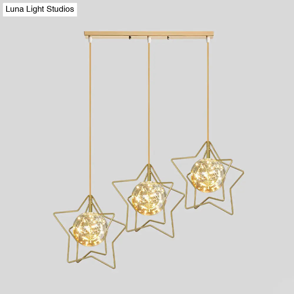 Gold Star And Ball Cluster Pendant - 3 Heads Clear Glass Led Hanging Light For Restaurants