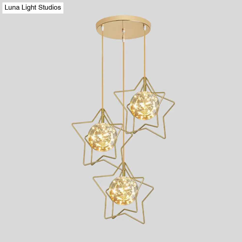 Gold Star And Ball Cluster Pendant - 3 Heads Clear Glass Led Hanging Light For Restaurants / Natural