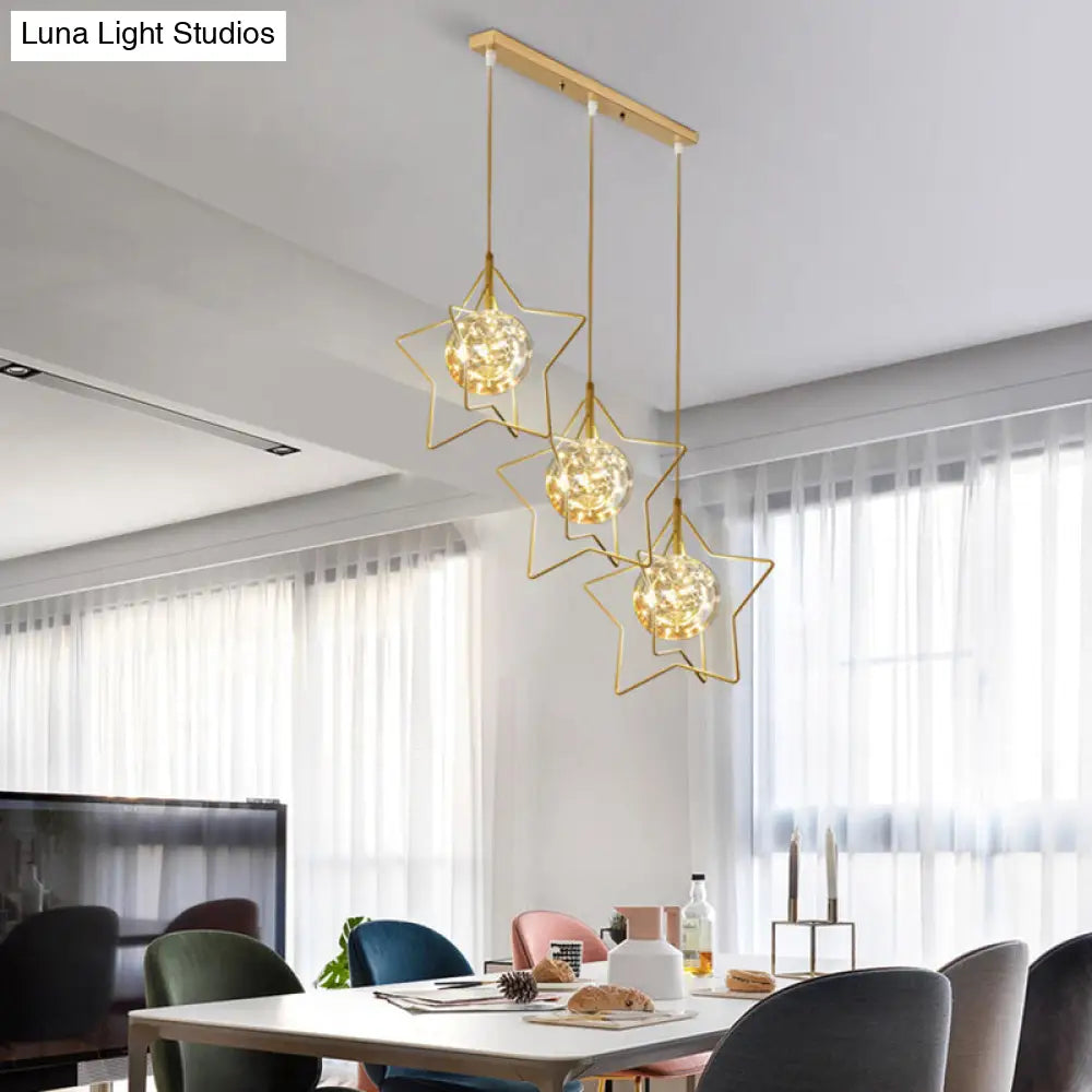 Gold Star And Ball Cluster Pendant - 3 Heads Clear Glass Led Hanging Light For Restaurants