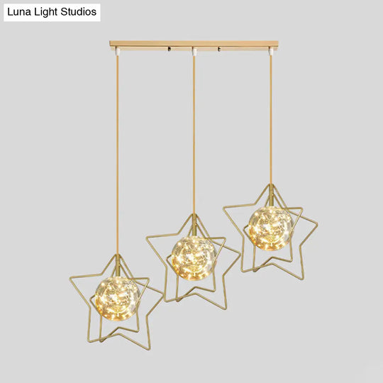 Gold Star And Ball Cluster Pendant - 3 Heads Clear Glass Led Hanging Light For Restaurants / Natural