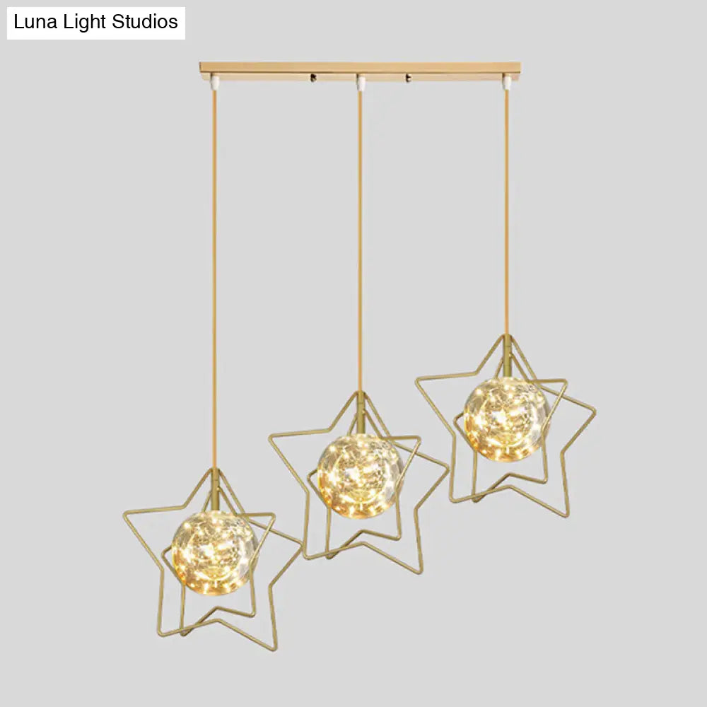 Gold Star And Ball Cluster Pendant - 3 Heads Clear Glass Led Hanging Light For Restaurants