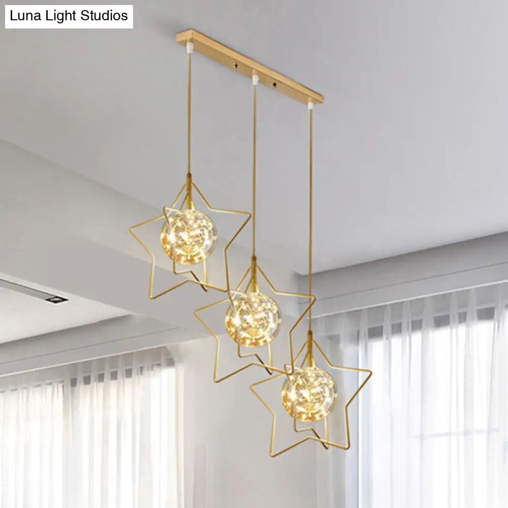 Gold Star And Ball Cluster Pendant - 3 Heads Clear Glass Led Hanging Light For Restaurants