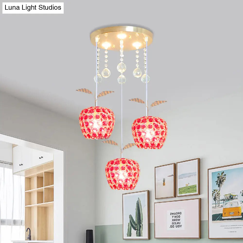 Apple Shaped Multi-Pendant Red Crystal 3-Light Gold Suspension Lamp