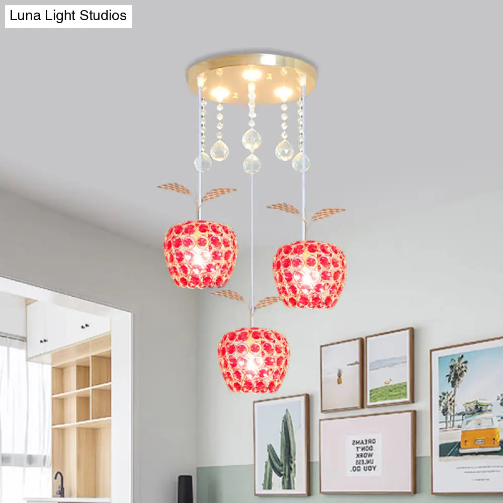 Modern Gold Suspension Lamp With Crystal-Encrusted Apple Pendant - 3-Light Design