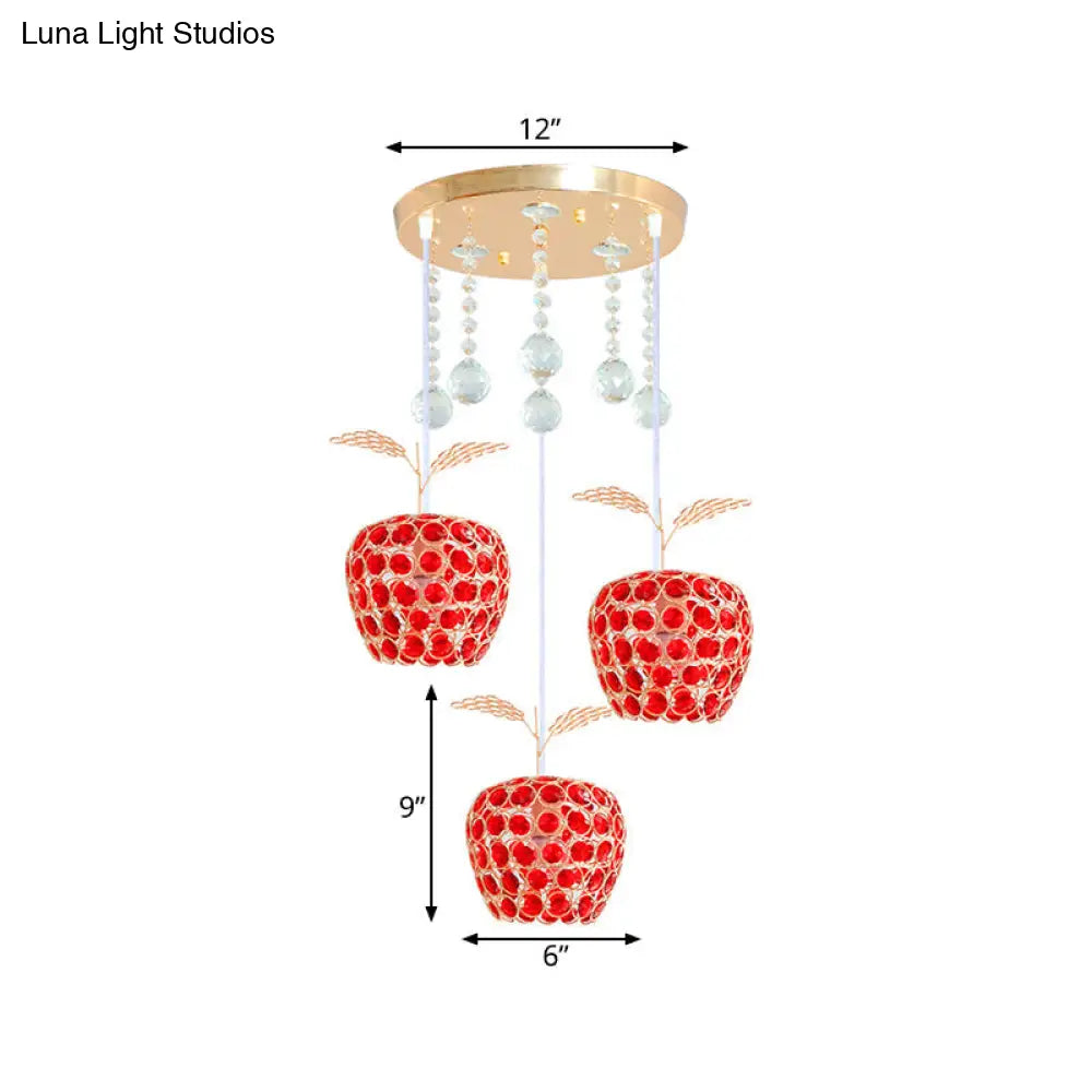 Apple Shaped Multi-Pendant Red Crystal 3-Light Gold Suspension Lamp