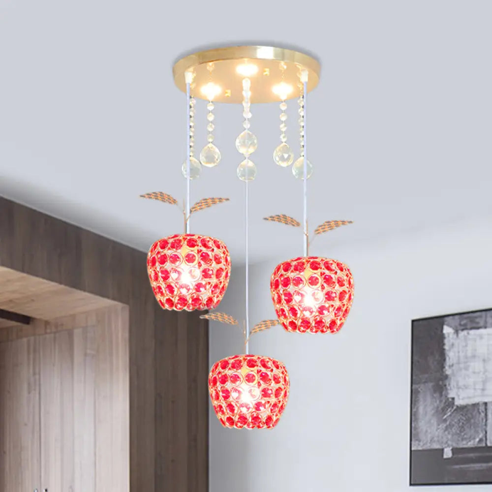 Modern Gold Suspension Lamp With Crystal-Encrusted Apple Pendant - 3-Light Design Red