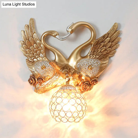 Modern Gold Swan Wall Sconce With Crystal Shade - 1-Light Bedroom Lighting